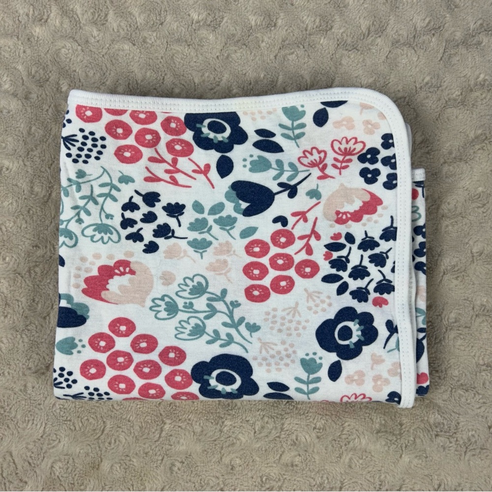 Carter's Pink White Blue Floral Baby Blanket Thin Stretch Jersey Knit Flowers